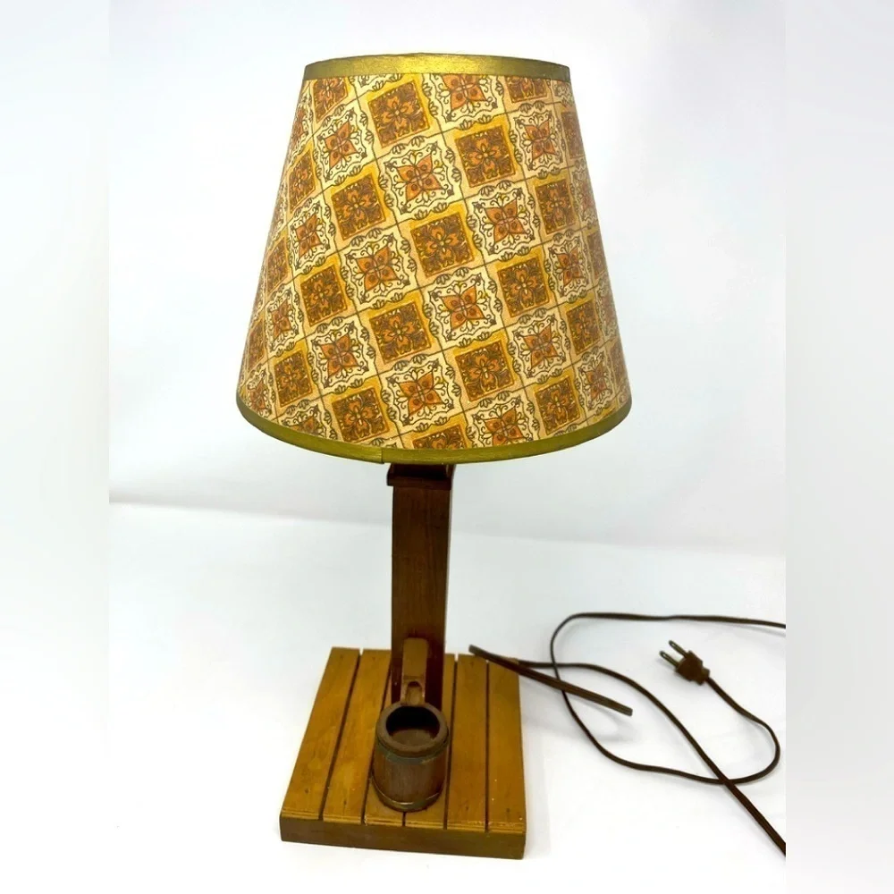 Vintage Table Lamp with Rustic Wood Base and Barrel Detail